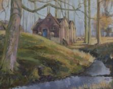 20th Century British School, oil on board, A red brick mill set within an autumnal woodland