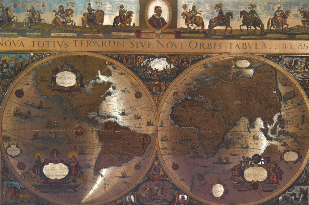 After Willem Janszoon Blaeu (1571-1638), print on gold foil, 'Blaeu Wall Map', a double hemisphere