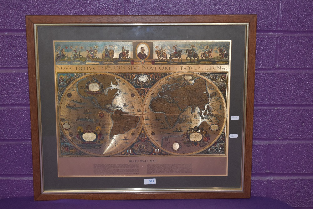 After Willem Janszoon Blaeu (1571-1638), print on gold foil, 'Blaeu Wall Map', a double hemisphere - Image 2 of 4