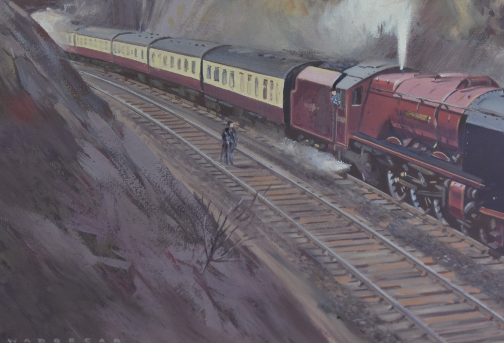 Peter Waddecar (20th Century, British), gouache, 'Duchess of Hamilton (locomotive) on the Settle- - Image 3 of 4