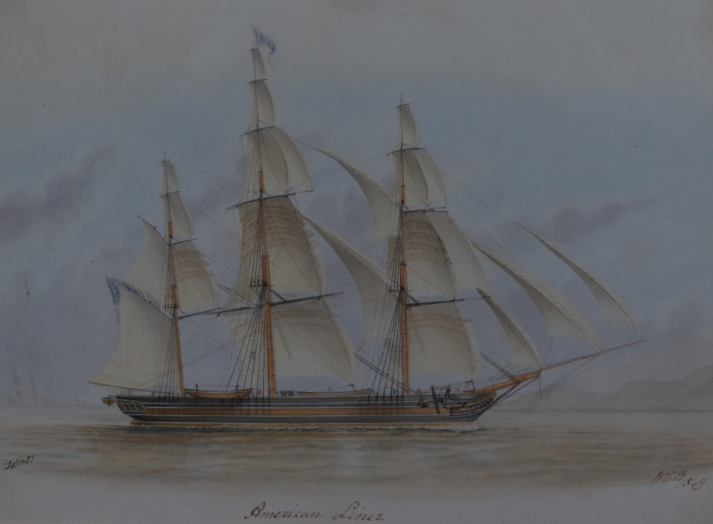Captain W.C Browne (British act. 1824-1860) watercolour, American Liner, entitled, initialled and