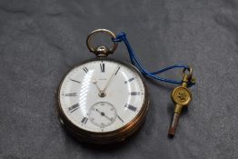 A Victorian key wound silver pocket bearing no:4295 to face having Roman numeral dial with