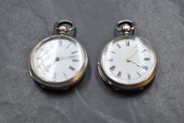 Two small HM silver key wound pocket watches, both having Roman numeral dials and engraved cases