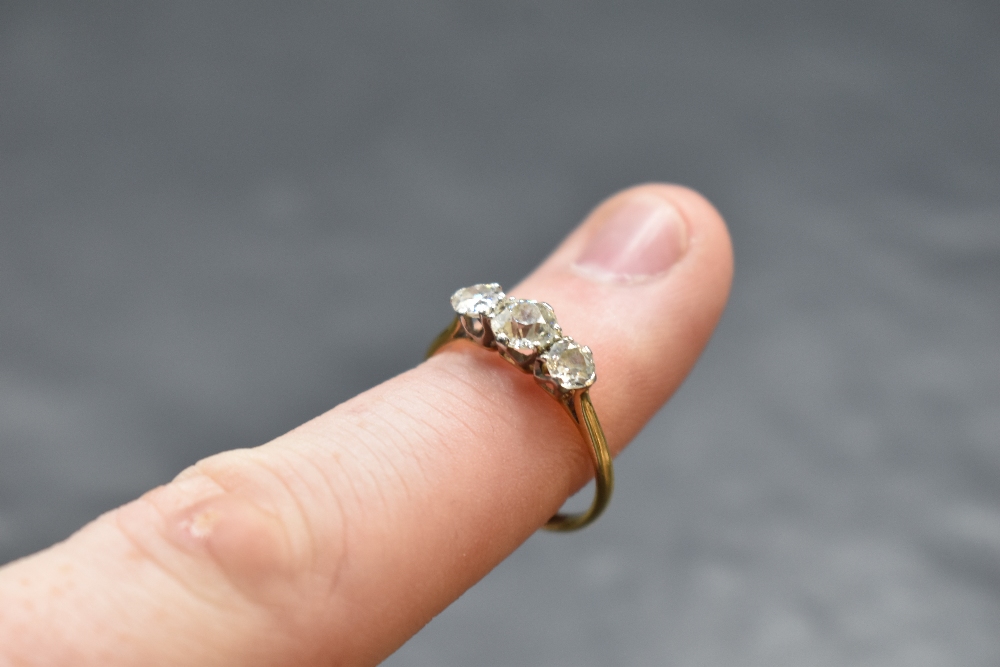 A diamond trilogy ring, total approx 1ct in a claw set mount on an 18ct gold loop, size N & approx - Image 2 of 2