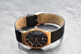 A gent's quartz wrist watch by Skagen, model: 233XXLRLB, having Arabic numeral dial and inner 24hr