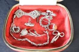 A selection of marcasite jewellery including brooches, rings and bracelet