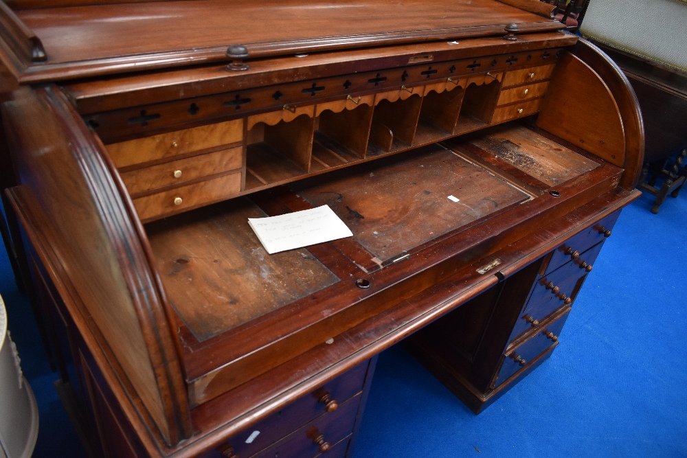 A Victorian mahogany cylinder roll top bureau desk with fitted interior and double drawer pedestals, - Image 2 of 2