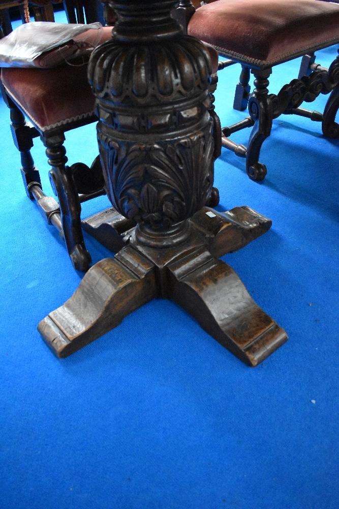 A very nice quality reproduction oak banquetting dining table having plank top and heavy carved cup - Image 2 of 4