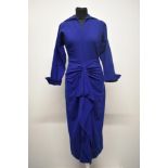 A Royal blue wool Art Deco day dress, having ponted collar, darted bodice, side metal zip, 3/4