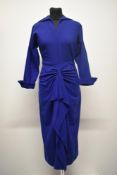 A Royal blue wool Art Deco day dress, having ponted collar, darted bodice, side metal zip, 3/4