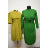 Two wool day dresses, chartreuse 1960s mini dress and emerald green late 50s/60s dress with bow to