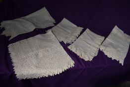 Five antique white work tablecloths, all having deep crochet to edging, some with embroidery,