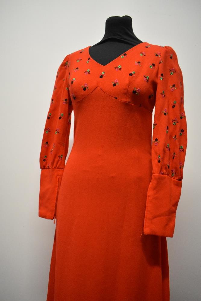 A striking 1960s cherry red maxi dress of wool crepe type fabric, having embroidery to bust and - Image 7 of 8