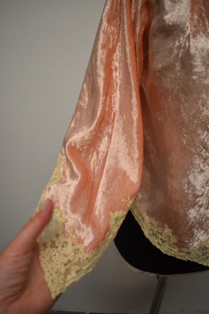 A decadent 1930s Art Deco bed jacket of pale pink velvet, having extensive lace edging, pointed - Image 2 of 7