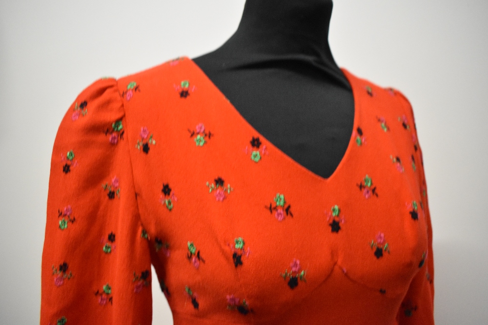 A striking 1960s cherry red maxi dress of wool crepe type fabric, having embroidery to bust and - Image 3 of 8