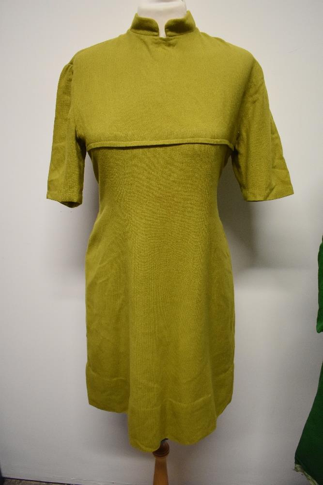 Two wool day dresses, chartreuse 1960s mini dress and emerald green late 50s/60s dress with bow to - Image 4 of 5