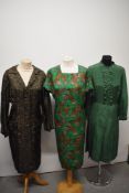 Three 1960s shift dresses, in green and brown hues, including emerald green dress with abstract leaf