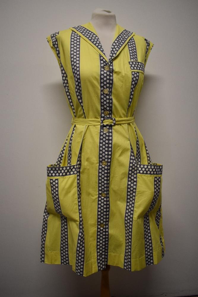A rather fun 1950s cotton day dress, in medium weight cotton, having bands of grey with white