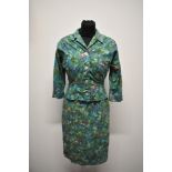 A 1950s novelty exotic bird print cotton two piece dress suit by Wetherall, having wiggle dress with