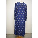 An Art Deco blue crepe day dress with fabulous shell like print in white , red and pale duck egg