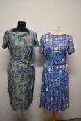 Two vintage dresses, one blue abstract silk dress, having Kendal Milne Manchester label, the other