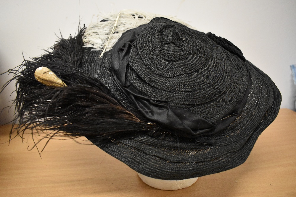 An Edwardian black straw hat, having feathers and velvet trim to brim and two hat pins. - Image 5 of 7
