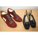 A pair of 1940s Rawson Burgundy nubuck heeled shoes, having black leather detailing to tops and