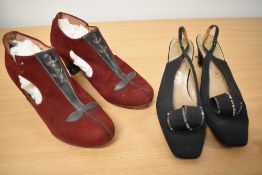 A pair of 1940s Rawson Burgundy nubuck heeled shoes, having black leather detailing to tops and