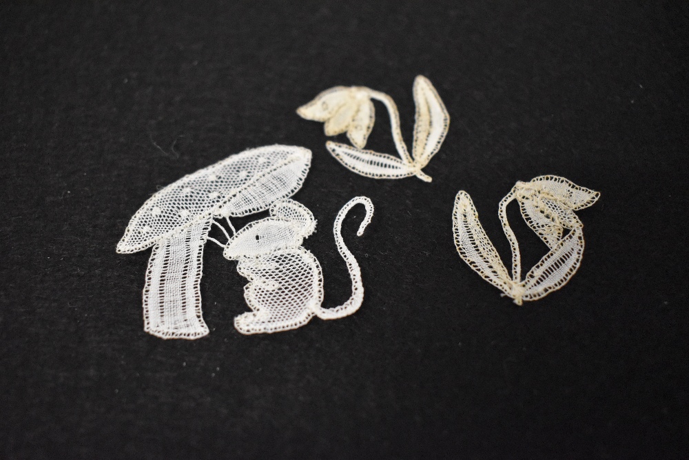 A collection of intricate hand worked lace, including butterflies, leaves, flowers and a mouse etc. - Image 6 of 12