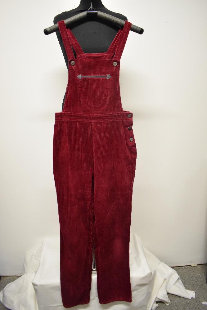 A pair of Circa mid century vibrant cherry red corduroy dungarees, having side button fastening, - Image 5 of 7