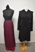 A Victorian black coat and a Victorian burgundy quilted skirt, both AF, some wear.