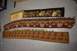 Four Victorian Lambrequins, including bright cross stitch worked examples.