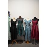 Five 1940s to 1950s taffeta dresses, including pale blue gown with shawl collar (size 46 label)