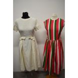 A 1950s vibrant pique cotton striped day dress in green, cerise and white, in a larger size,