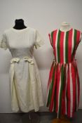 A 1950s vibrant pique cotton striped day dress in green, cerise and white, in a larger size,