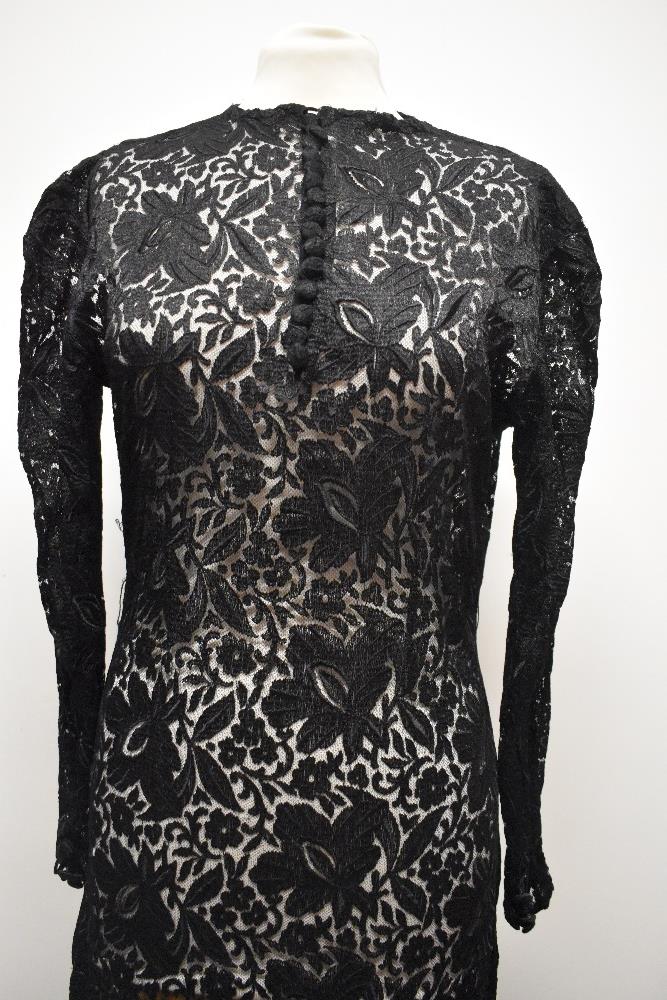 A 1930s bias cut lace evening dress, having button down front, round collar and long sleeves with - Image 2 of 6