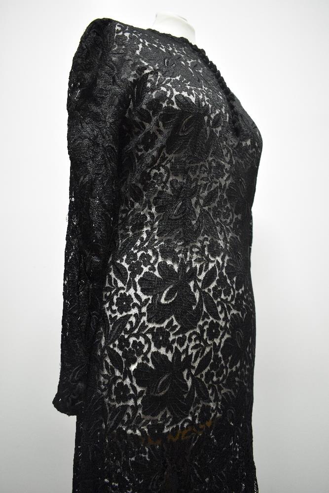 A 1930s bias cut lace evening dress, having button down front, round collar and long sleeves with - Image 5 of 6
