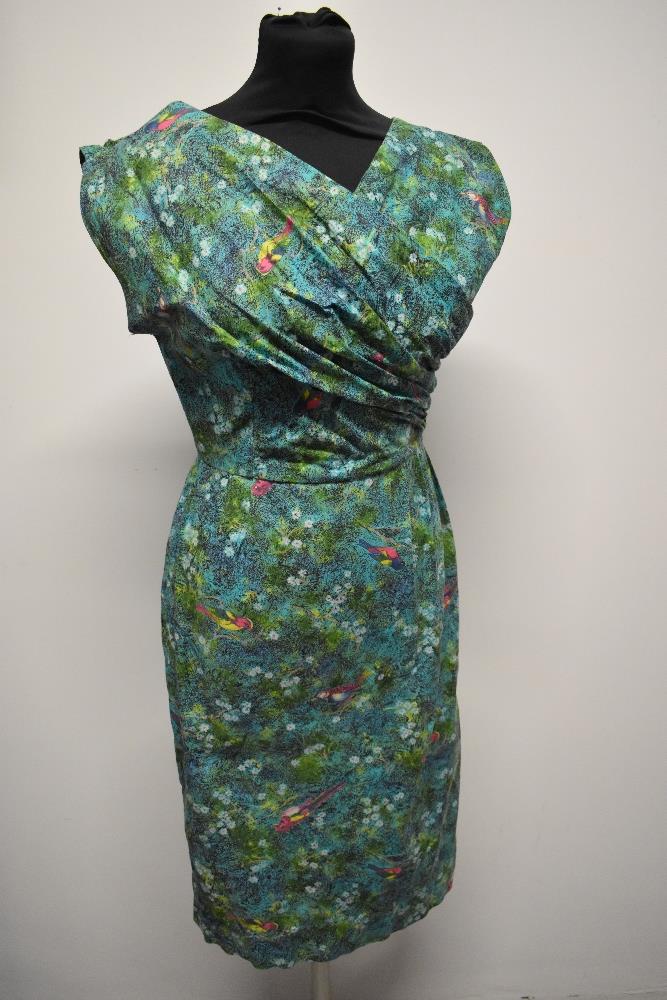 A 1950s novelty exotic bird print cotton two piece dress suit by Wetherall, having wiggle dress with - Image 4 of 9