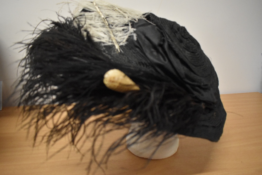 An Edwardian black straw hat, having feathers and velvet trim to brim and two hat pins. - Image 6 of 7