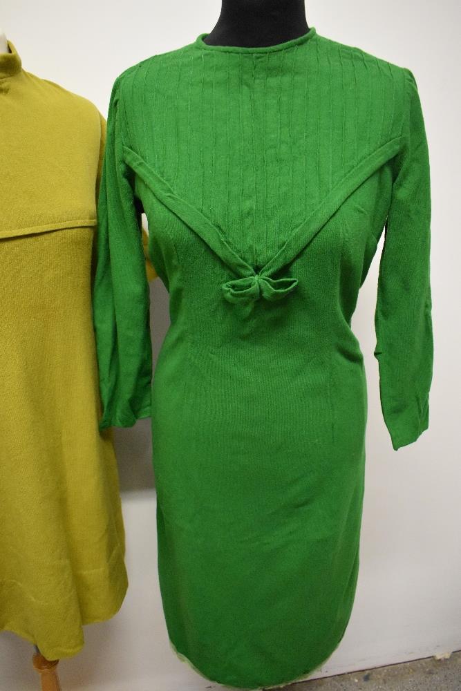 Two wool day dresses, chartreuse 1960s mini dress and emerald green late 50s/60s dress with bow to - Image 2 of 5