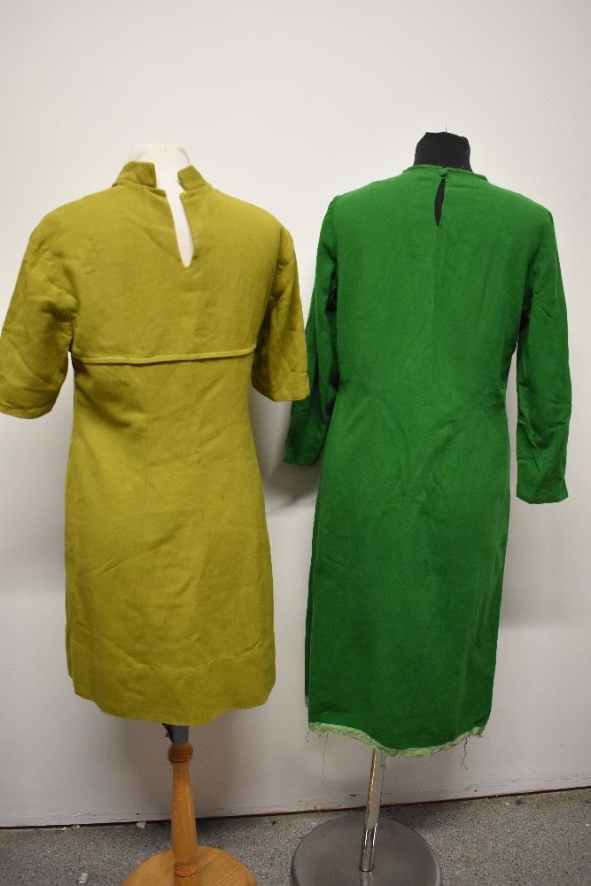 Two wool day dresses, chartreuse 1960s mini dress and emerald green late 50s/60s dress with bow to - Image 5 of 5