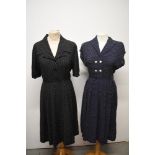 Two late 1940s/ early 1950s cotton day dresses, having white polka dot prints, one on blue ground