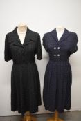 Two late 1940s/ early 1950s cotton day dresses, having white polka dot prints, one on blue ground