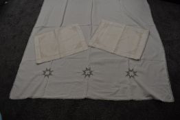A Victorian linen sheet and two pillowcases (not a perfect match, but close) having extensive lace