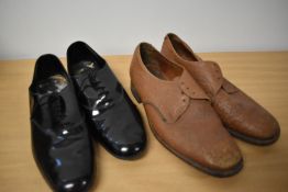 Two pairs of gents vintage stack heeled shoes, one pair brown the other black patent.