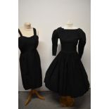 Two 1950s dresses, including full skirted dress with 3/4 sleeves and boat neckline with button