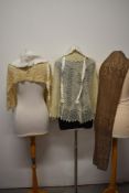 Three vintage shawls, including silk spun, two Victorian bonnets and two lace collars.