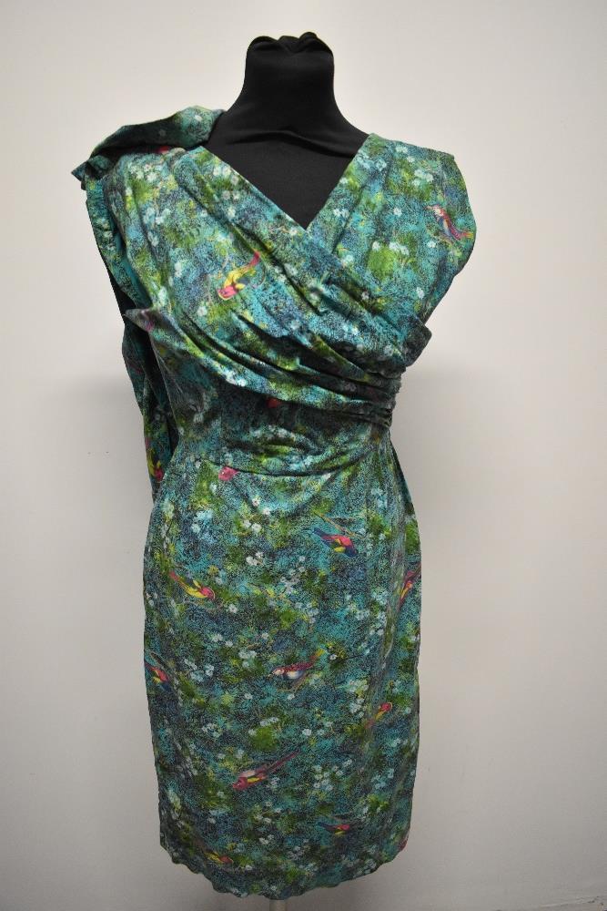 A 1950s novelty exotic bird print cotton two piece dress suit by Wetherall, having wiggle dress with - Image 3 of 9