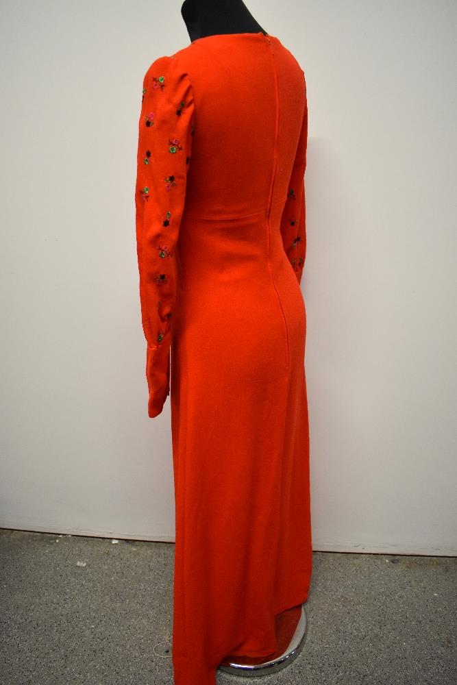 A striking 1960s cherry red maxi dress of wool crepe type fabric, having embroidery to bust and - Image 5 of 8