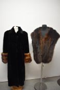 A 1930s black moleskin coat, with deep mink cuffs and a 1920s/30s fur stole.